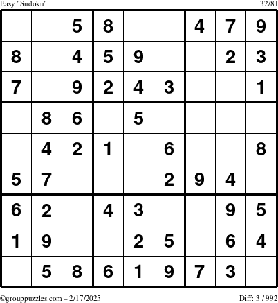 The grouppuzzles.com Easy Sudoku puzzle for Monday February 17, 2025