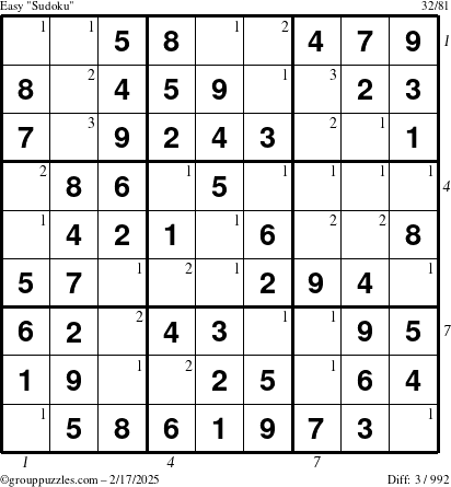 The grouppuzzles.com Easy Sudoku puzzle for Monday February 17, 2025 with all 3 steps marked