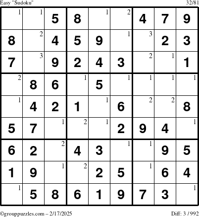 The grouppuzzles.com Easy Sudoku puzzle for Monday February 17, 2025 with the first 3 steps marked