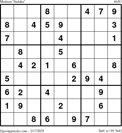 The grouppuzzles.com Medium Sudoku puzzle for Monday February 17, 2025