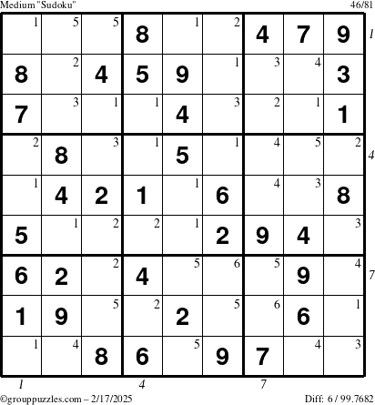 The grouppuzzles.com Medium Sudoku puzzle for Monday February 17, 2025 with all 6 steps marked