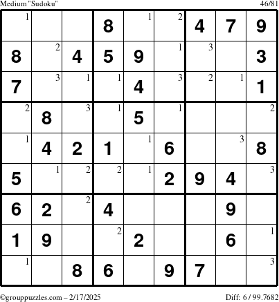 The grouppuzzles.com Medium Sudoku puzzle for Monday February 17, 2025 with the first 3 steps marked