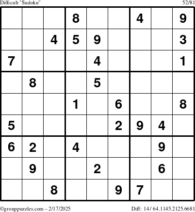 The grouppuzzles.com Difficult Sudoku puzzle for Monday February 17, 2025