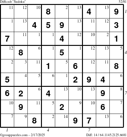 The grouppuzzles.com Difficult Sudoku puzzle for Monday February 17, 2025 with all 14 steps marked