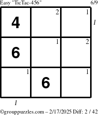 The grouppuzzles.com Easy TicTac-456 puzzle for Monday February 17, 2025 with all 2 steps marked