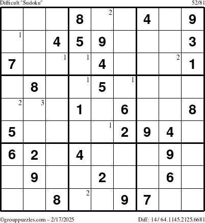 The grouppuzzles.com Difficult Sudoku puzzle for Monday February 17, 2025 with the first 3 steps marked