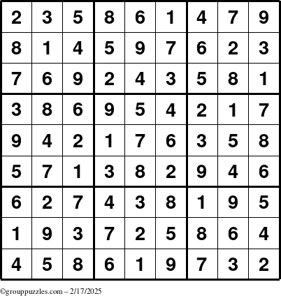 The grouppuzzles.com Answer grid for the Sudoku puzzle for Monday February 17, 2025