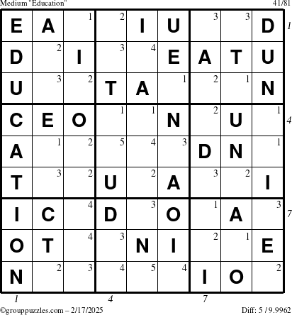 The grouppuzzles.com Medium Education-c1 puzzle for Monday February 17, 2025 with all 5 steps marked