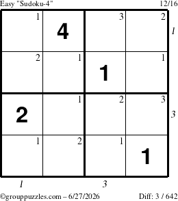 The grouppuzzles.com Easy Sudoku-4 puzzle for Saturday June 27, 2026, suitable for printing, with all 3 steps marked