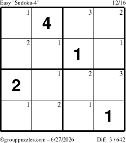 The grouppuzzles.com Easy Sudoku-4 puzzle for Saturday June 27, 2026 with the first 3 steps marked