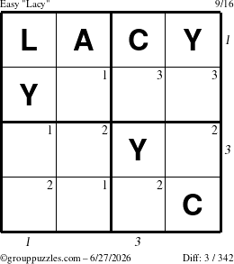 The grouppuzzles.com Easy Lacy puzzle for Saturday June 27, 2026 with all 3 steps marked