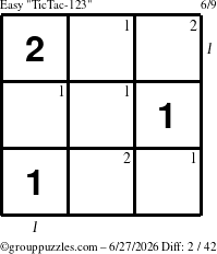 The grouppuzzles.com Easy TicTac-123 puzzle for Saturday June 27, 2026 with all 2 steps marked