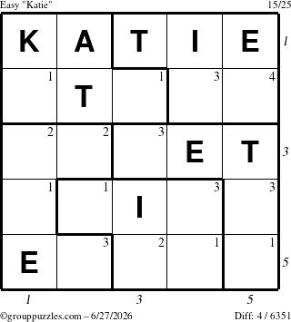 The grouppuzzles.com Easy Katie puzzle for Saturday June 27, 2026, suitable for printing, with all 4 steps marked