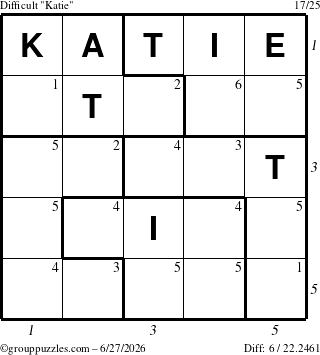 The grouppuzzles.com Difficult Katie puzzle for Saturday June 27, 2026, suitable for printing, with all 6 steps marked