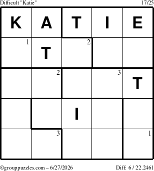 The grouppuzzles.com Difficult Katie puzzle for Saturday June 27, 2026 with the first 3 steps marked