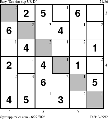 The grouppuzzles.com Easy Sudoku-6up-UR-D puzzle for Saturday June 27, 2026 with all 3 steps marked