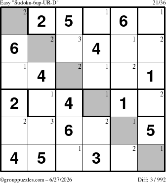 The grouppuzzles.com Easy Sudoku-6up-UR-D puzzle for Saturday June 27, 2026 with the first 3 steps marked