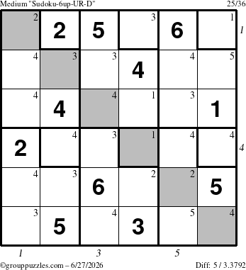 The grouppuzzles.com Medium Sudoku-6up-UR-D puzzle for Saturday June 27, 2026 with all 5 steps marked