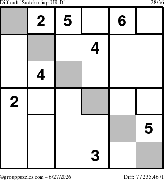 The grouppuzzles.com Difficult Sudoku-6up-UR-D puzzle for Saturday June 27, 2026