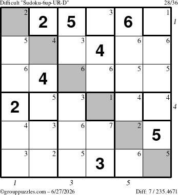 The grouppuzzles.com Difficult Sudoku-6up-UR-D puzzle for Saturday June 27, 2026, suitable for printing, with all 7 steps marked