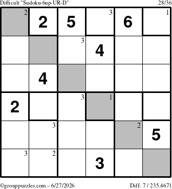 The grouppuzzles.com Difficult Sudoku-6up-UR-D puzzle for Saturday June 27, 2026 with the first 3 steps marked