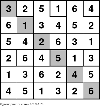 The grouppuzzles.com Answer grid for the Sudoku-6up-UR-D puzzle for Saturday June 27, 2026