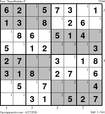 The grouppuzzles.com Easy SuperSudoku-8 puzzle for Saturday June 27, 2026 with all 3 steps marked