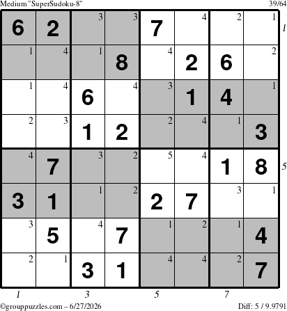 The grouppuzzles.com Medium SuperSudoku-8 puzzle for Saturday June 27, 2026, suitable for printing, with all 5 steps marked