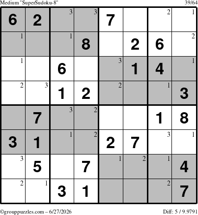 The grouppuzzles.com Medium SuperSudoku-8 puzzle for Saturday June 27, 2026 with the first 3 steps marked
