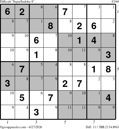 The grouppuzzles.com Difficult SuperSudoku-8 puzzle for Saturday June 27, 2026, suitable for printing, with all 11 steps marked