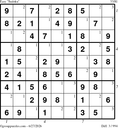 The grouppuzzles.com Easy Sudoku puzzle for Saturday June 27, 2026 with all 3 steps marked