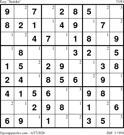 The grouppuzzles.com Easy Sudoku puzzle for Saturday June 27, 2026 with the first 3 steps marked