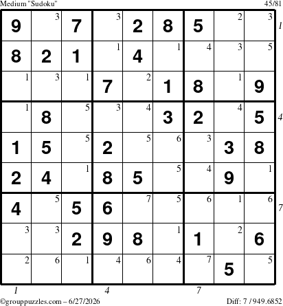 The grouppuzzles.com Medium Sudoku puzzle for Saturday June 27, 2026, suitable for printing, with all 7 steps marked