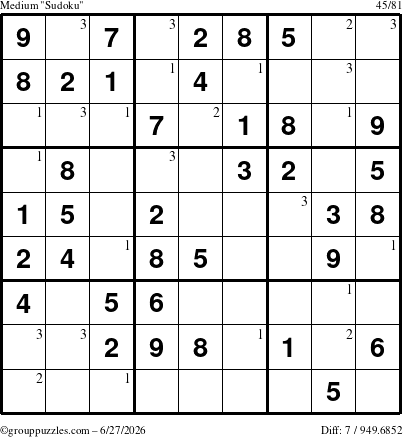 The grouppuzzles.com Medium Sudoku puzzle for Saturday June 27, 2026 with the first 3 steps marked