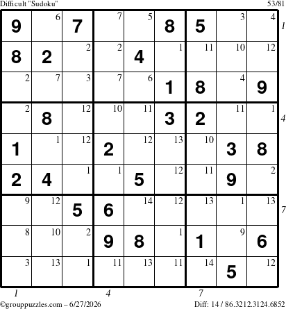 The grouppuzzles.com Difficult Sudoku puzzle for Saturday June 27, 2026 with all 14 steps marked