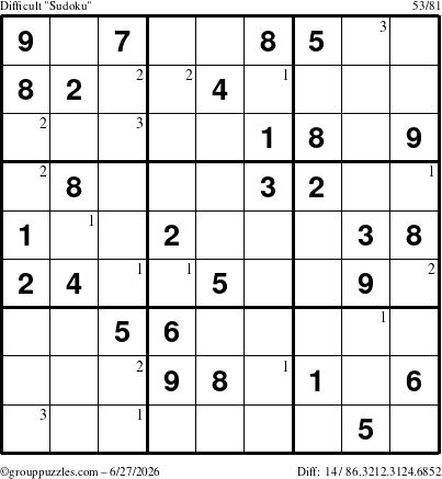The grouppuzzles.com Difficult Sudoku puzzle for Saturday June 27, 2026 with the first 3 steps marked