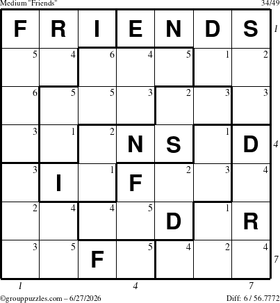 The grouppuzzles.com Medium Friends puzzle for Saturday June 27, 2026, suitable for printing, with all 6 steps marked