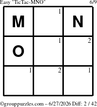The grouppuzzles.com Easy TicTac-MNO puzzle for Saturday June 27, 2026 with the first 2 steps marked