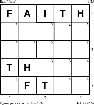 The grouppuzzles.com Easy Faith puzzle for Thursday January 22, 2026, suitable for printing, with all 4 steps marked