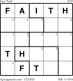 The grouppuzzles.com Easy Faith puzzle for Thursday January 22, 2026 with the first 3 steps marked