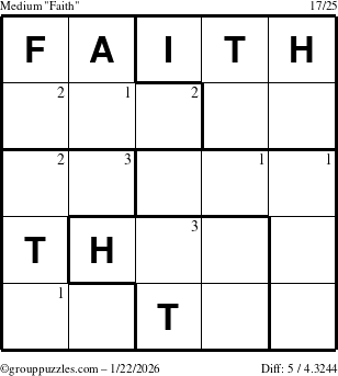 The grouppuzzles.com Medium Faith puzzle for Thursday January 22, 2026 with the first 3 steps marked