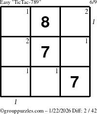 The grouppuzzles.com Easy TicTac-789 puzzle for Thursday January 22, 2026, suitable for printing, with all 2 steps marked