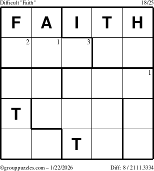 The grouppuzzles.com Difficult Faith puzzle for Thursday January 22, 2026 with the first 3 steps marked