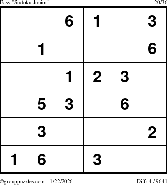 The grouppuzzles.com Easy Sudoku-Junior puzzle for Thursday January 22, 2026
