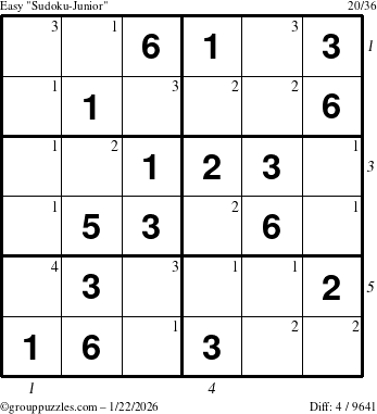 The grouppuzzles.com Easy Sudoku-Junior puzzle for Thursday January 22, 2026, suitable for printing, with all 4 steps marked