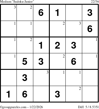 The grouppuzzles.com Medium Sudoku-Junior puzzle for Thursday January 22, 2026 with the first 3 steps marked