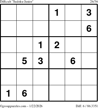 The grouppuzzles.com Difficult Sudoku-Junior puzzle for Thursday January 22, 2026