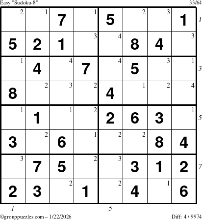 The grouppuzzles.com Easy Sudoku-8 puzzle for Thursday January 22, 2026 with all 4 steps marked