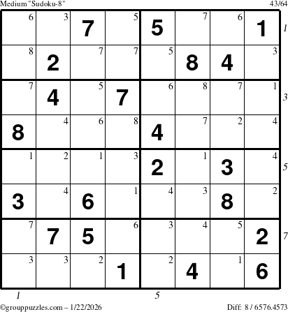 The grouppuzzles.com Medium Sudoku-8 puzzle for Thursday January 22, 2026, suitable for printing, with all 8 steps marked
