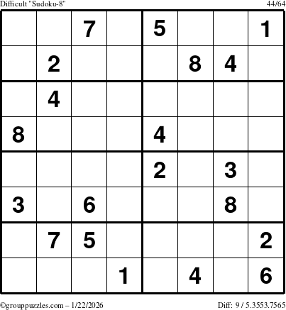 The grouppuzzles.com Difficult Sudoku-8 puzzle for Thursday January 22, 2026